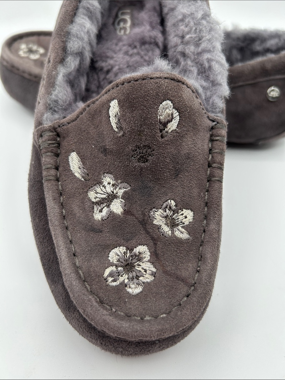 UGG Ansley Blossom Gray Suede Moccasin Slippers with Plush Shearling Lining - Picture 12 of 16